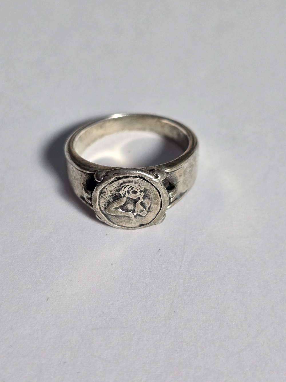 Sterling Silver Angel Cherub Carved Signet Ring Vintage